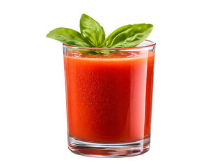 Tomato Juice Delight: a glass filled with refreshing tomato juice is a visual delight, garnished with fresh basil and evoking a sense of freshness and health.