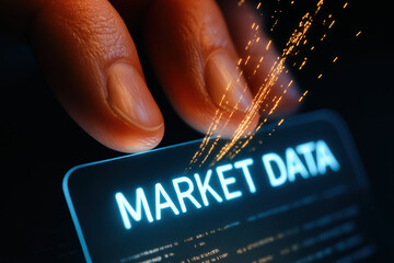 Market data with glowing fingertips touch creates bright digital analytics and finance interaction full luminous sparks