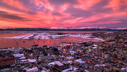 Dramatic Winter Sunset over Ushuaia Bay, Patagonia with Snow-Capped Mountains