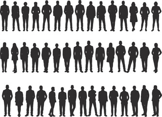 Collection of male and female silhouettes standing in rows on a white background Keywords: standing, people, silhouette, man