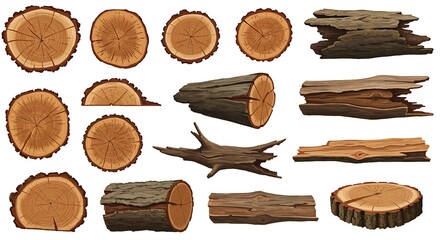 Naklejka premium Collection of natural wood slices and bark textures