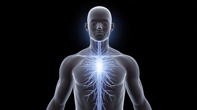 Human Anatomy with Luminous Nervous System and Radiating Energy Lines on a Dark Background