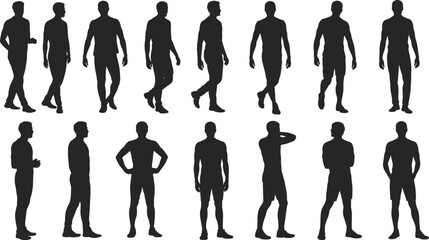 Collection of male silhouettes in casual and formal poses on white background Keywords: male, silhouette, man, standing, walking