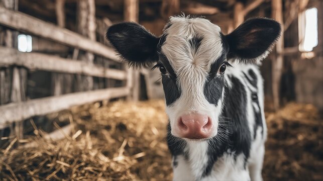 a curious black and white calf gazes directly at the viewer from its straw-filled barn stall. - Powered by Adobe