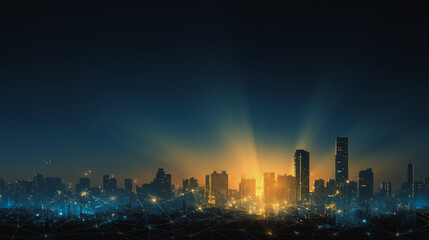 Sunshine in the Smart digital Innovation city with connection network reciprocity over the cityscape. of future smart wireless digital city and social media networking systems that connects pe