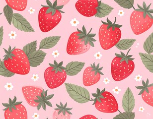 Strawberry pattern with leaves and flowers on a pink background