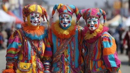 Fototapeta premium three colorful jesters in traditional patchwork costumes and white masks with painted details stand together during a festive celebration.