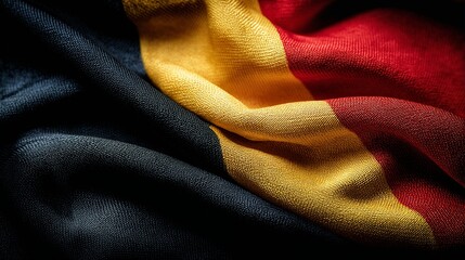 a close-up view of the textured folds of the belgian flag displaying its vertical black, yellow, and red bands.