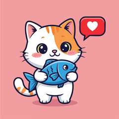 A cute cartoon calico cat holding a big blue fish with a love heart icon.