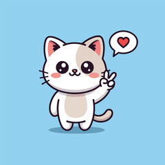 A cute cartoon cat making a peace sign with a heart speech bubble.