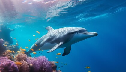 Obraz premium Dolphin swimming in the under sea , Beautiful Underwater and colorfull coral in wild nature of the Pacific Ocean