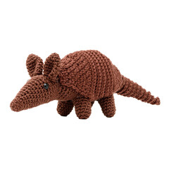 Brown plush armadillo, made using the amigurumi crochet technique. Viewed from the side.