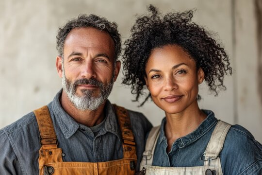 A portrait of a happy, middle-aged interracial couple, both wearing work overalls. - Powered by Adobe