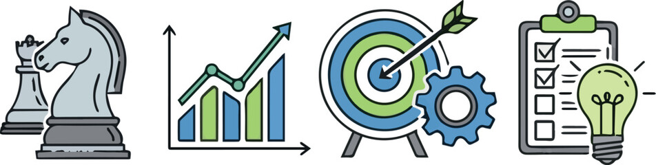 Create Business strategy line icons set with chess pieces, graph, target, gear, checklist, lightbulb, vector.