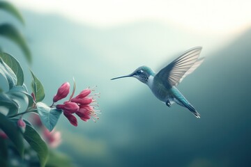 A hummingbird in flight approaches pink flowers, a serene nature scene.
