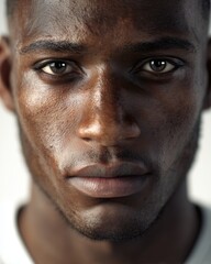 Fototapeta premium A man with dark skin, generative ai illustration. Close-up portrait showing detailed facial features, scars, pores, and intense expression.