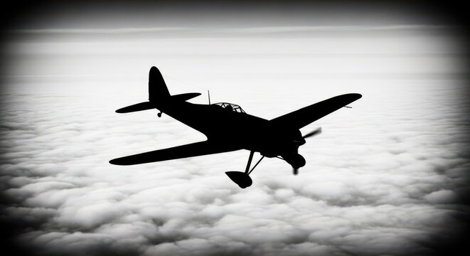 A vintage propeller airplane is silhouetted against a bright sky while flying high - Powered by Adobe