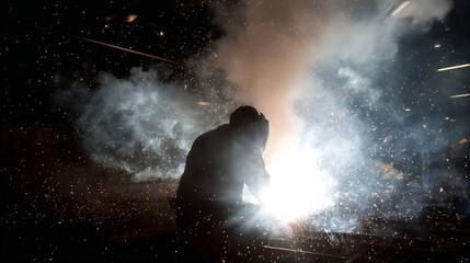 Obraz premium a silhouetted welder engulfed in a brilliant spray of sparks creates a dramatic and fiery scene in a darkened workshop.