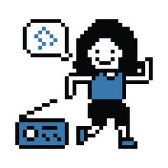Cartoon pixel art character woman exercises training dance lifestyle music decoration life style 8 bit female girl dance with music game 8bit fitness isolated PNG vector.