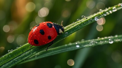 a vibrant red ladybug clings to a dewy blade of grass against a softly blurred green background.