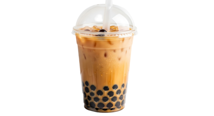 A transparent plastic cup filled with iced tea beverage and black tapioca pearls, presented against a stark black backdrop.