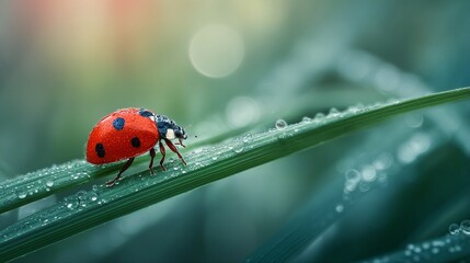 a vibrant red ladybug carefully traverses a delicate blade of grass adorned with glistening water droplets in a softly blurred, verdant background.