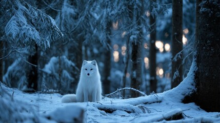 a serene arctic fox gazes forward amidst a snow-covered forest illuminated by soft, blurred lights.