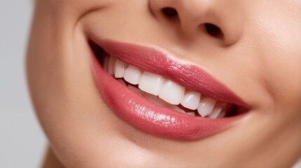 a close-up shot reveals a radiant smile with perfectly white teeth and richly pigmented mauve lipstick on smooth, flawless skin.