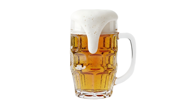 A full beer mug, overflowing with frothy head, is presented against a black background.