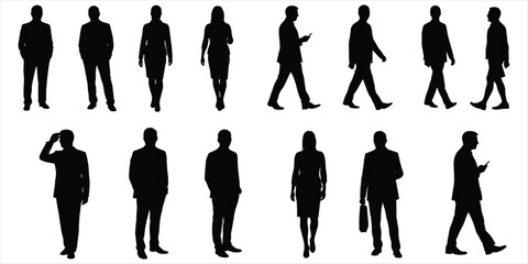 Fifteen Business People Silhouettes In Various Poses On White Background woman
