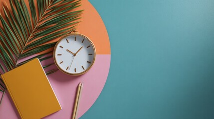 Vibrant workspace featuring a clock, yellow notebook, pencil, and palm leaves arranged on a colorful circular background