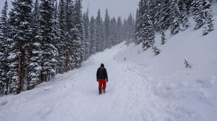 a lone figure in a dark jacket and red pants walks through a snow-covered forest on a cloudy winter day.
