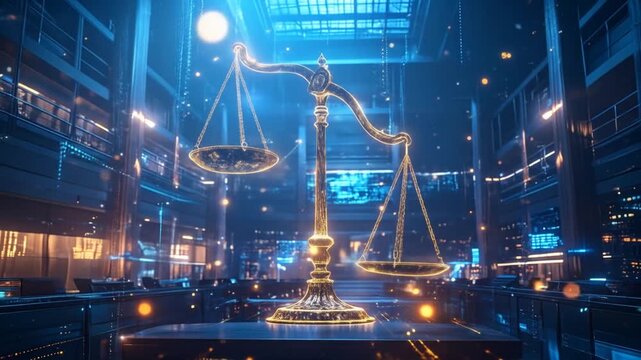 Futuristic legal system visualization with scales of justice in a cityscape backdrop
