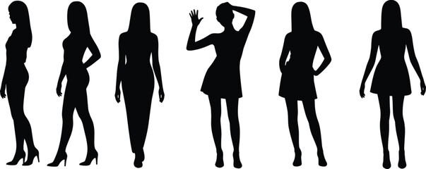 Five Female Silhouettes in Stylish Poses and Dresses on White Background woman standing