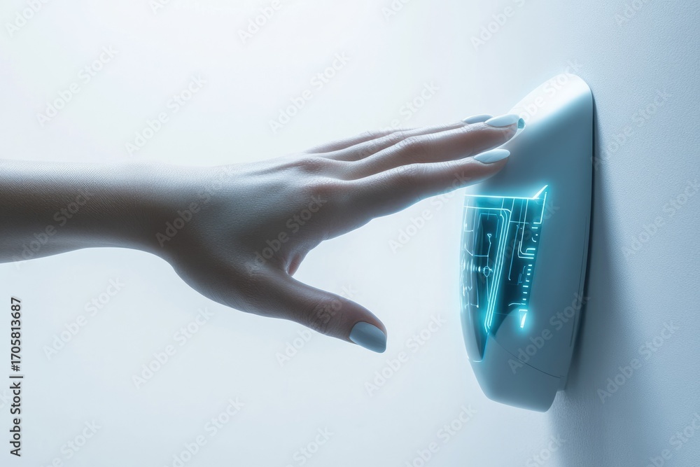 Poster a hand interacts with a futuristic, wall-mounted device displaying glowing circuit patterns.