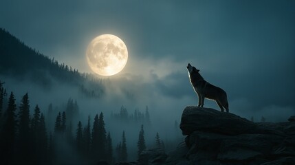 a solitary wolf silhouetted against a luminous full moon howls atop a rocky outcrop amidst a misty, forested landscape.