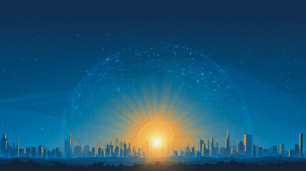 Fototapeta premium Sunshine in the Smart digital Innovation city with connection network reciprocity over the cityscape. of future smart wireless digital city and social media networking systems that connects pe