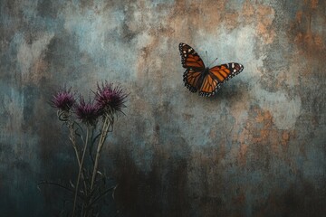 A monarch butterfly near dried thistle flowers against a textured background.
