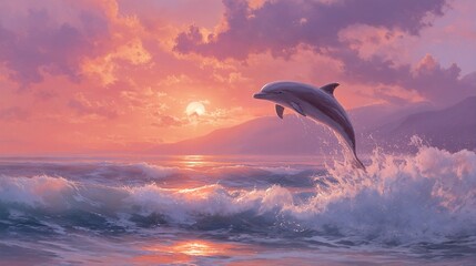 a vibrant sunset illuminates a leaping dolphin amidst crashing waves and a colorful sky.