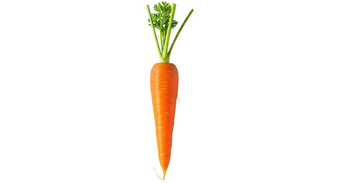 A single, vibrant orange carrot stands out against a pure black background, its fresh green leaves adding a touch of freshness.