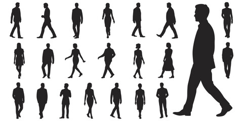 Large group of diverse male and female business people in silhouette walking and standing women
