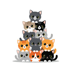 A cute pyramid of stacked cartoon cats and kittens with big adorable eyes.