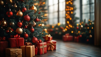 Decorated Christmas tree with presents under it near a window with warm lights.