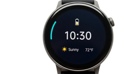 A close-up of a modern smart watch displaying the time, weather, and battery level on a dark background.