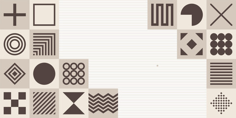 Abstract creative background, web banner. Abstract brown geometric shapes composition. Square tiles with different color geometric shapes inside. Vector color illustration in flat style.