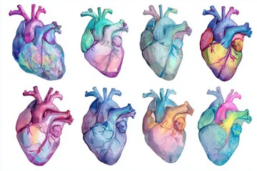 Set of human anatomical hearts in vibrant watercolor style on plain white background, artistic conceptual illustration, generative ai illustration