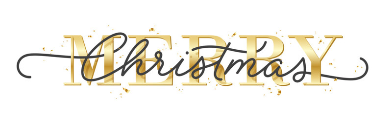 MERRY CHRISTMAS black and gold vector lettering banner with confetti
