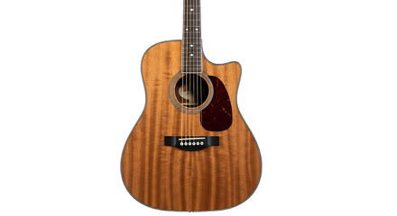 Obraz premium A well-lit, full shot of a classic wooden acoustic guitar against a black backdrop.