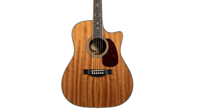 A well-lit, full shot of a classic wooden acoustic guitar against a black backdrop.