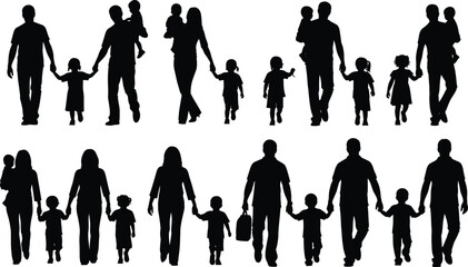 Silhouettes of families walking together holding hands and carrying children Keywords: family, father, mother, child, children